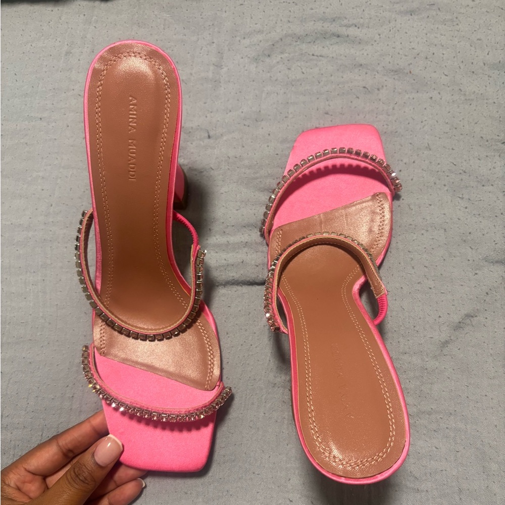 Amina Muaddi Vibrant Pink Crystal Heels